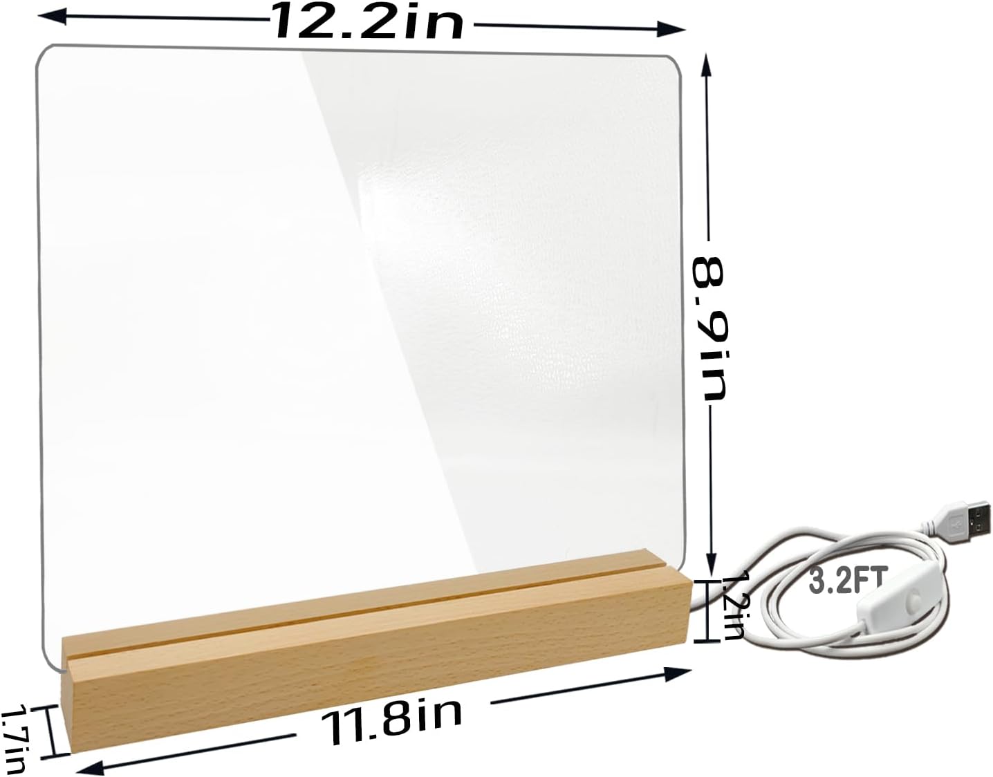 Pizarra acrílica de borrado en seco con luz, pizarra blanca transparente de 12 x 10 pulgadas con soporte para escritorio, tableta de notas de