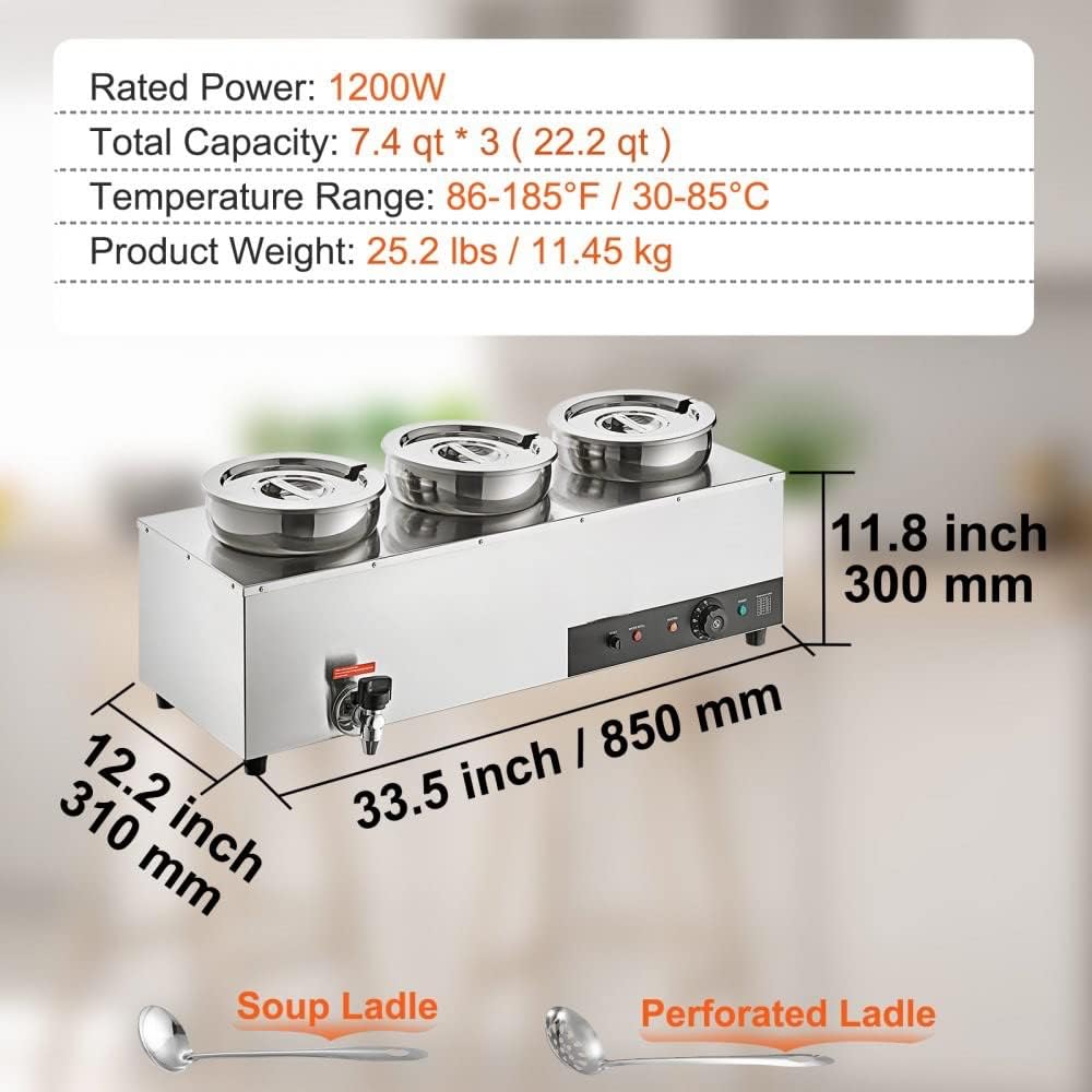 Calentador de sopa Bain Marie – Estación eléctrica comercial de 1200 W con tres ollas de acero inoxidable de 7.4 cuartos de galón y botón de