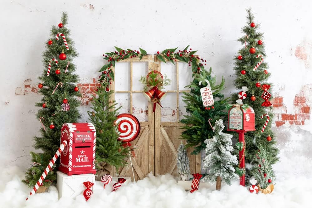 Kate Telón de fondo de Navidad de 10 x 6.5 pies, pared de ladrillo, puerta de madera, regalo de árbol de Navidad, barril de aceite, fondo decorativo