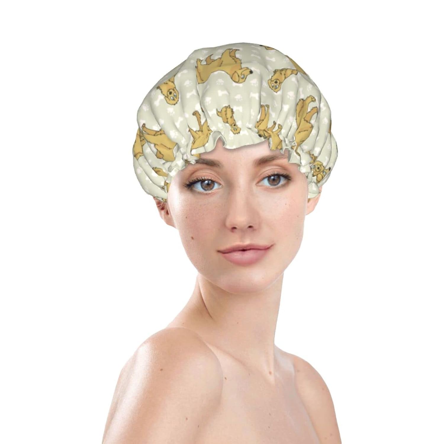 Golden Retriever Dogs Pattern Shower Caps Reusable Bath Cap Double Layers Waterproof Shower Cap for Women Long Hair