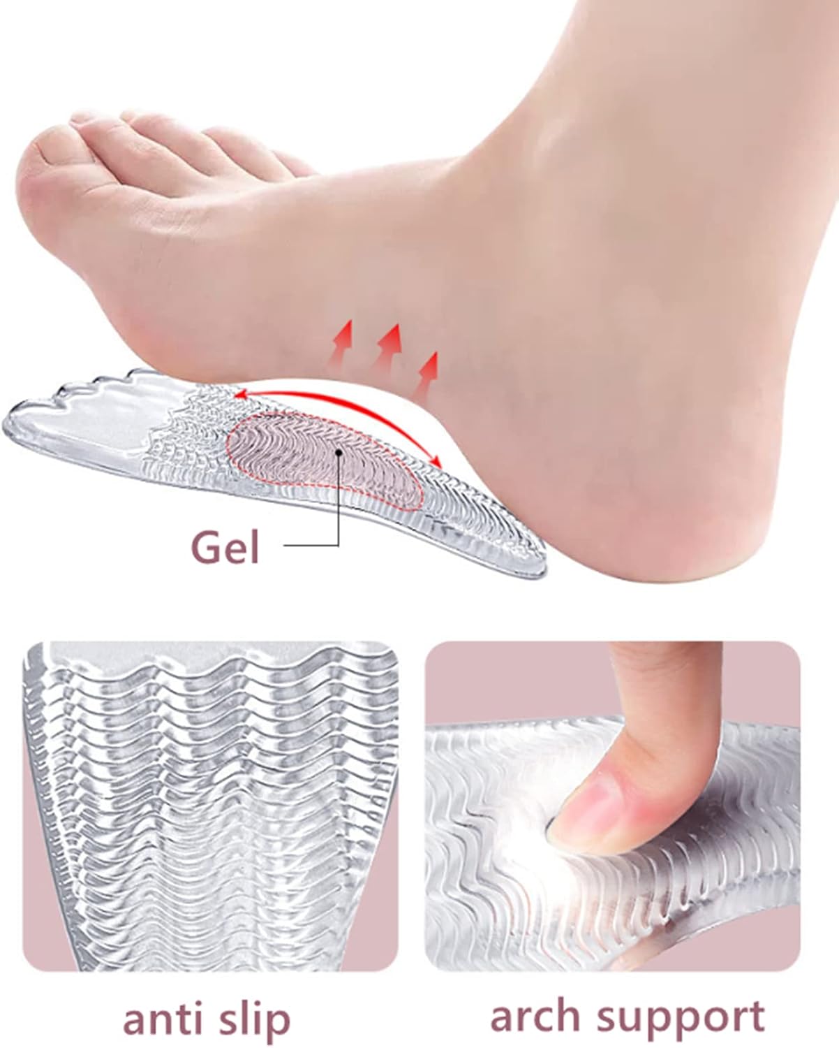 Cojines de bola de pie con soporte de arco, almohadillas antideslizantes de gel suave para el talón, relleno de zapatos invisibles reutilizables