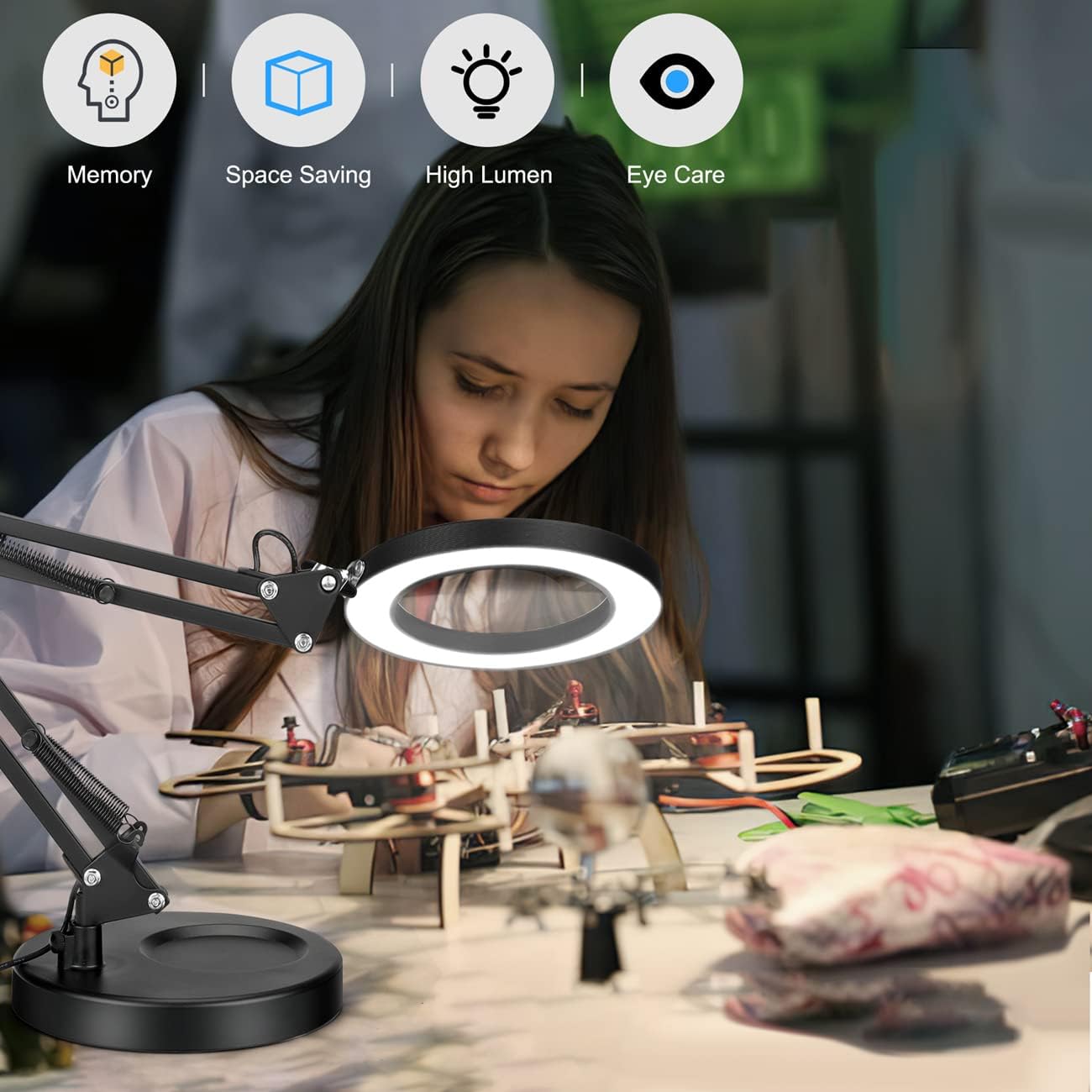 Drdefi – Lupa 10X con luz y soporte, lupa LED 2 en 1, 3 modos de color regulable continuo, lámpara de escritorio con aumento manos libres con
