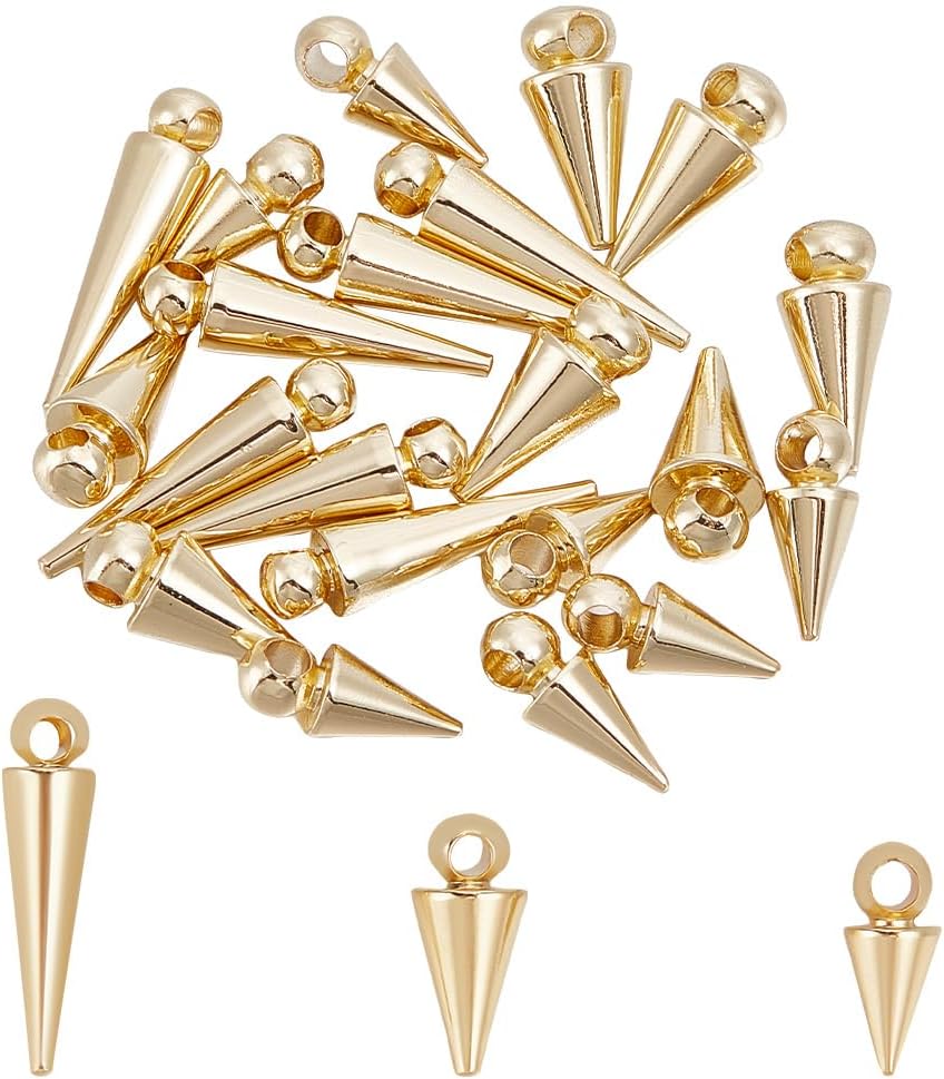 UNICRAFTALE 24 dijes de cono de latón dorado claro, hipoalergénicos, estilo punk, dijes colgantes para manualidades, collares, aretes, pulseras,