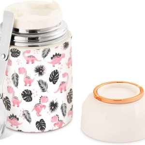 MCHIVER Tarro de comida de dinosaurios de dibujos animados rosa con cuchara de acero inoxidable aislado al vacío, termo de 17 onzas para el almuerzo MCHIVER Tarro de comida de dinosaurios de dibujos animados rosa con cuchara de acero inoxidable aislado al vacío, termo de 17 onzas para el almuerzo