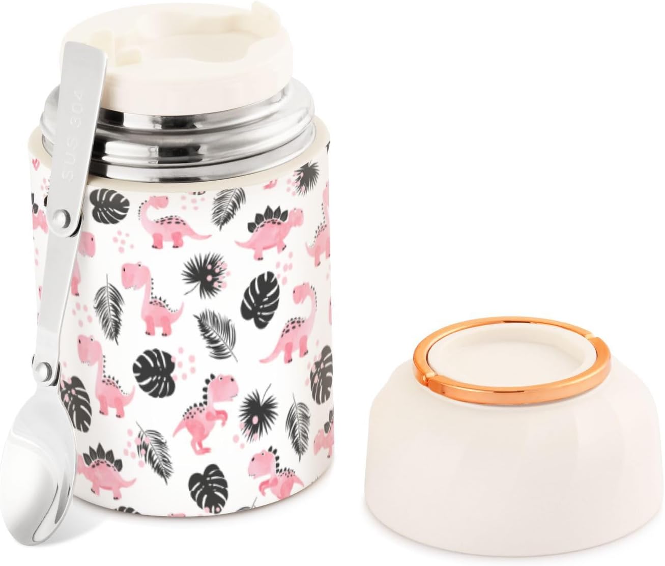 MCHIVER Tarro de comida de dinosaurios de dibujos animados rosa con cuchara de acero inoxidable aislado al vacío, termo de 17 onzas para el almuerzo