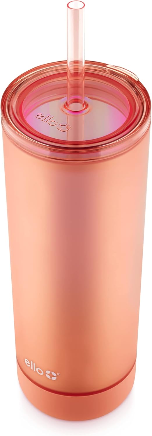 Ello Monterey – Vaso de plástico aislado de doble pared con popote y posavasos integrados, sin BPA, 24 onzas