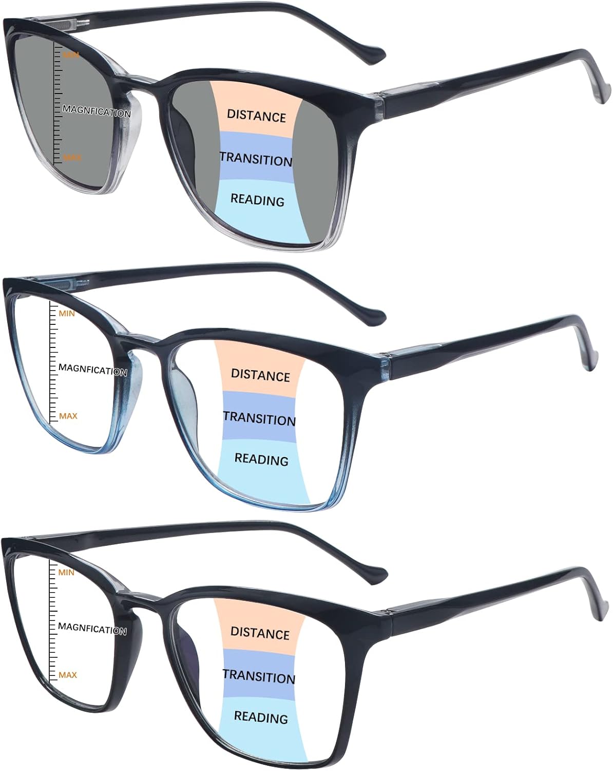 COJWIS Paquete de 3 lentes de lectura progresivos multienfoque para mujeres y hombres, protección UV, lentes de sol multifocales con bisagra de