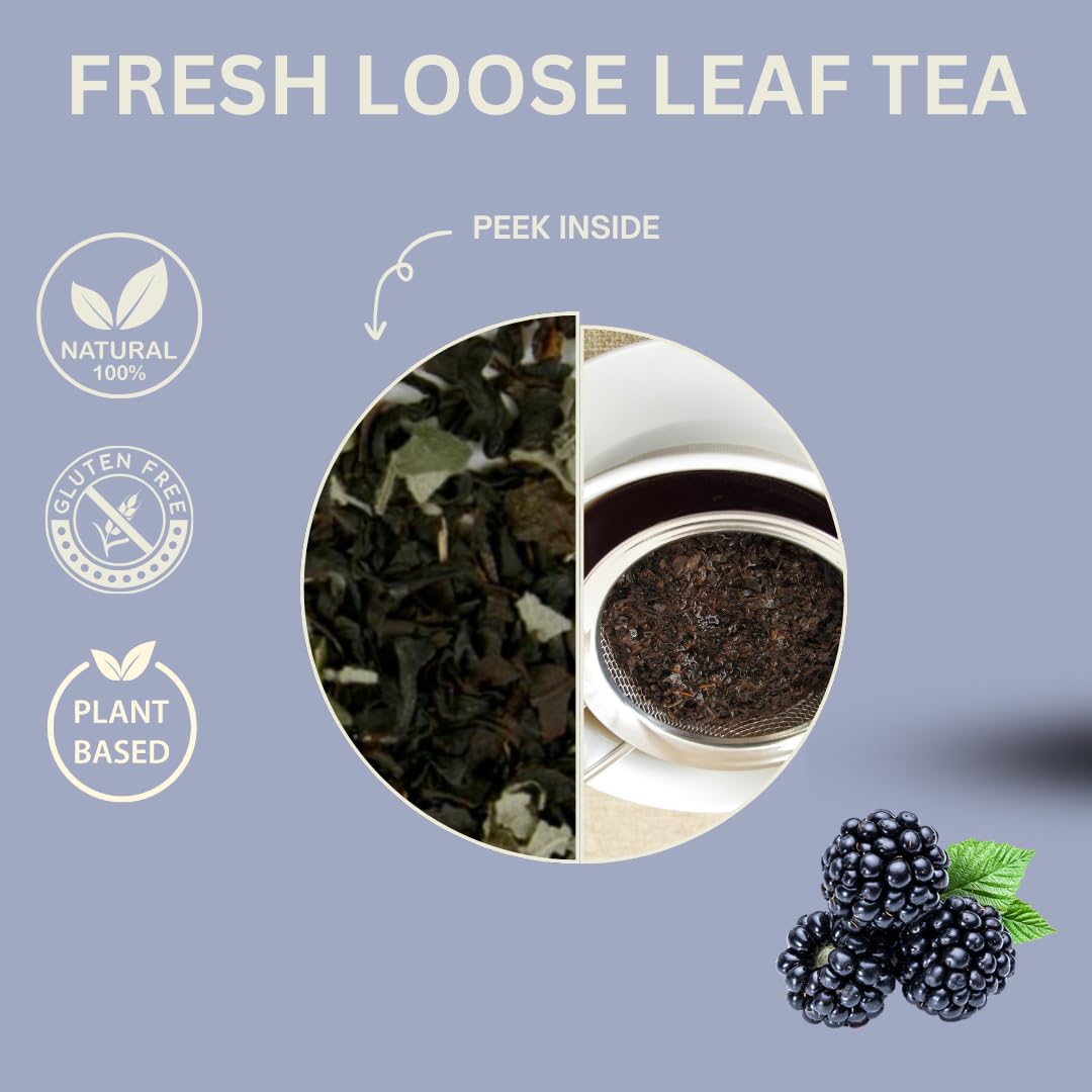Mezcla de té negro de mora premium, hoja suelta de 2 onzas, té de mora con cafeína (caliente o helado)