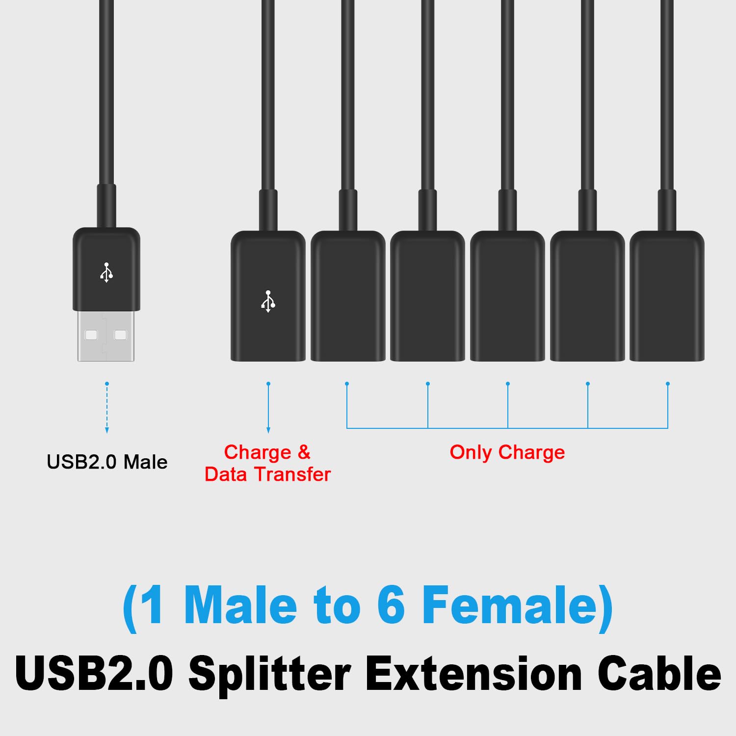 Duttek Divisor USB A macho a 6 hembras USB 1.65FT19.7 in, USB Y Splitter Soporte de carga y transferencia de datos para TV, teclado USB, portátil (1