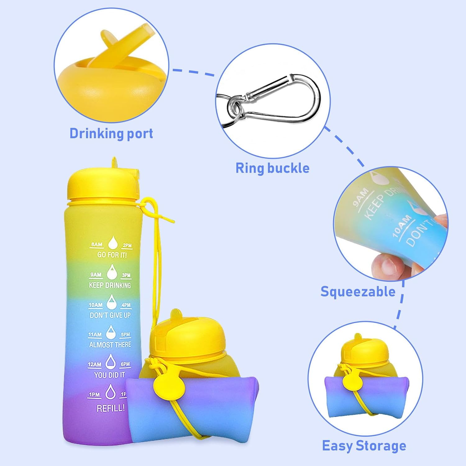 Botella de agua plegable con marcador de tiempo, botella de agua deportiva de 20 onzas, grande, a prueba de fugas, reutilizable, sin BPA, botellas