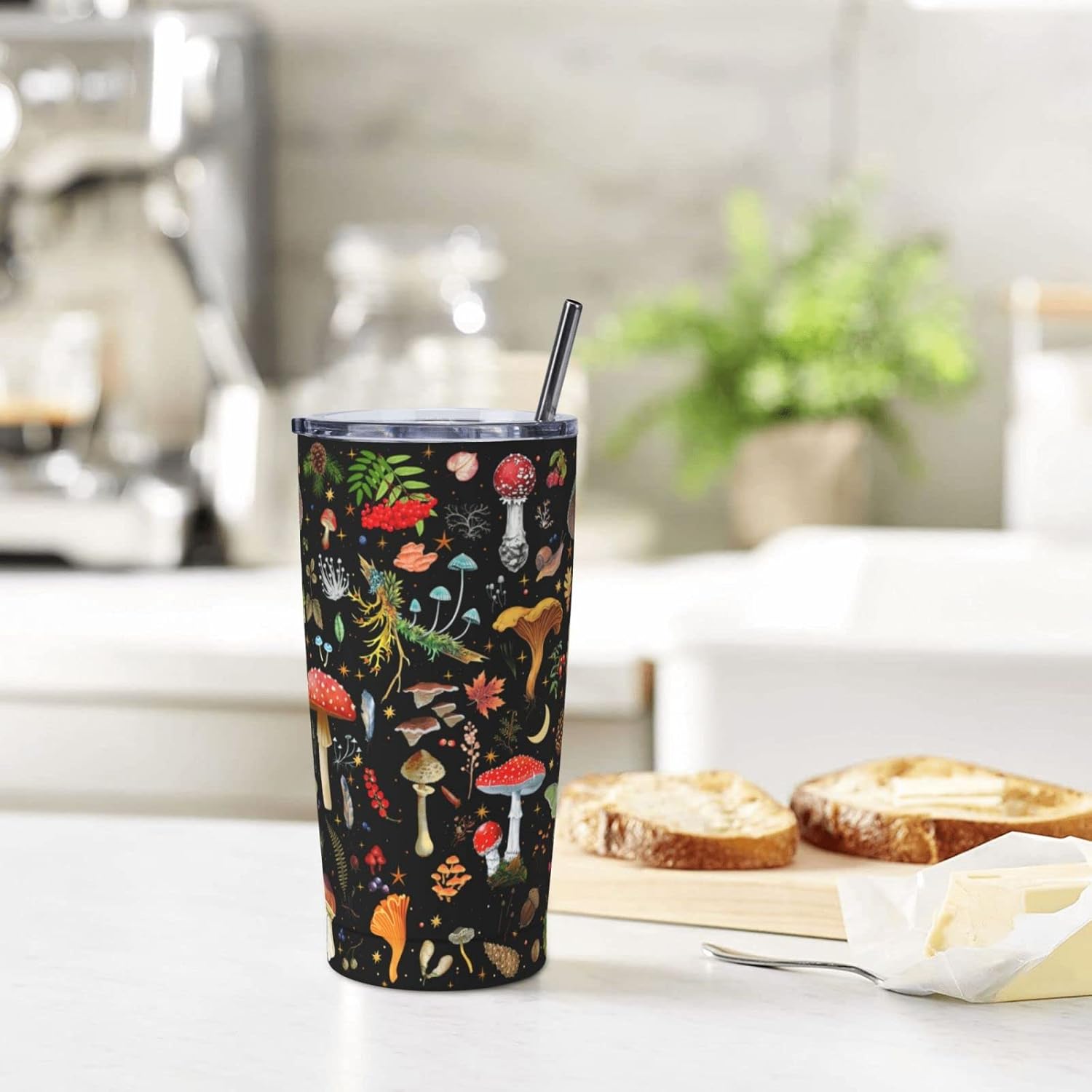 Vaso de regalo de hongos de 20 onzas, vasos de acero inoxidable delgado de doble pared para plantas, taza de café de viaje aislada para mujeres,