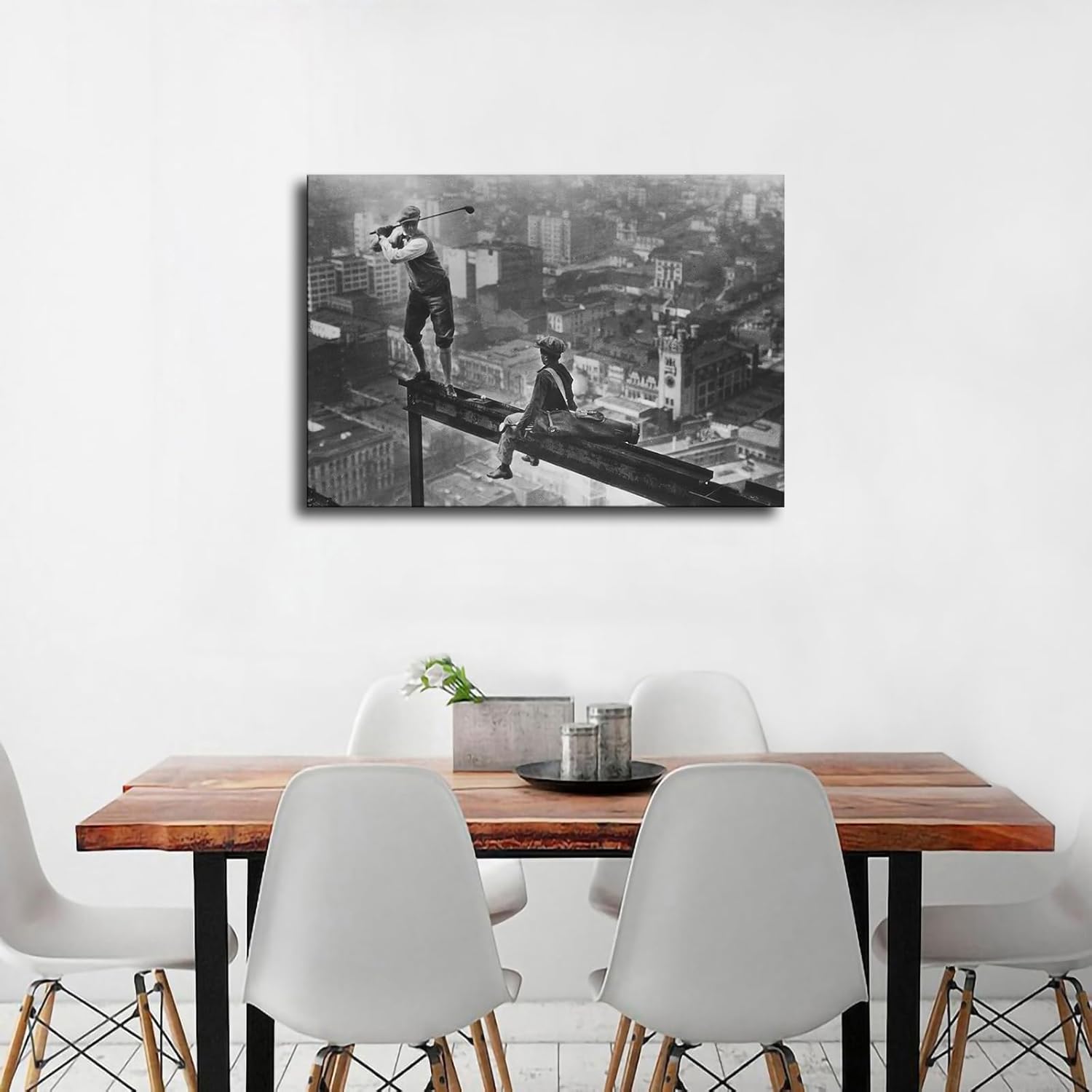 Póster de golf en la viga de rascacielos, arte de pared de golf, arte en blanco y negro, póster de pared vintage, decoración de sala de estar,