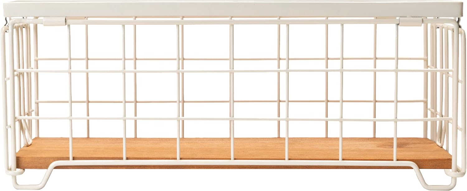 TIEYIPIN Cesta de almacenamiento de alambre de metal, soporte para rollo de papel higiénico, base de madera, caja de decoración de encimera, estante