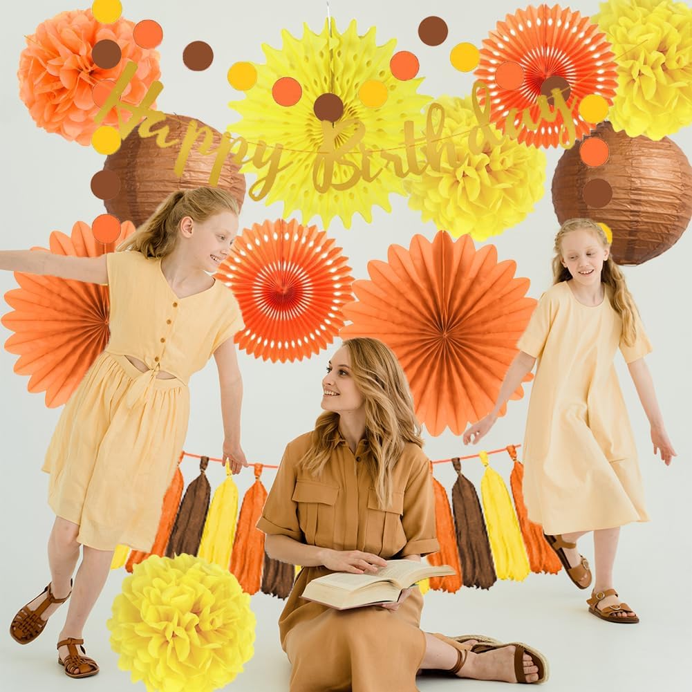 Decoraciones de fiesta de cumpleaños de otoño, abanicos de papel naranja y amarillo, pompones de papel, faroles de papel marrón, borla de papel,