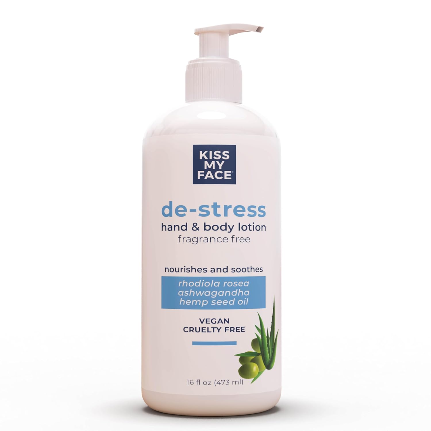 Kiss My Face De-Stress Loción para manos y cuerpo sin fragancia, hipoalergénica, libre de crueldad, loción vegana para piel seca – Botella de 16