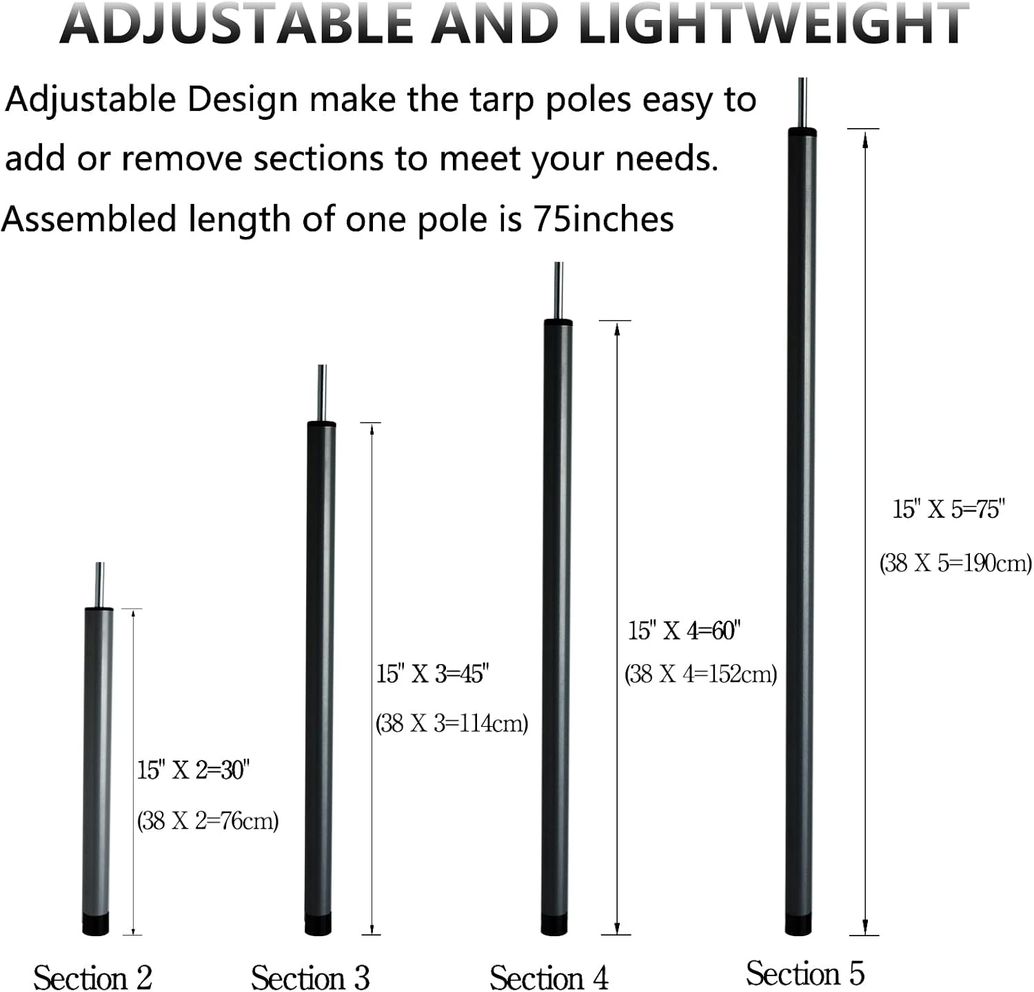 Tent Poles Adjustable Tarp Poles Steel Rods for Tarp Canopy Camping Replacement Set of 2 +Pegs & Reflective Ropes