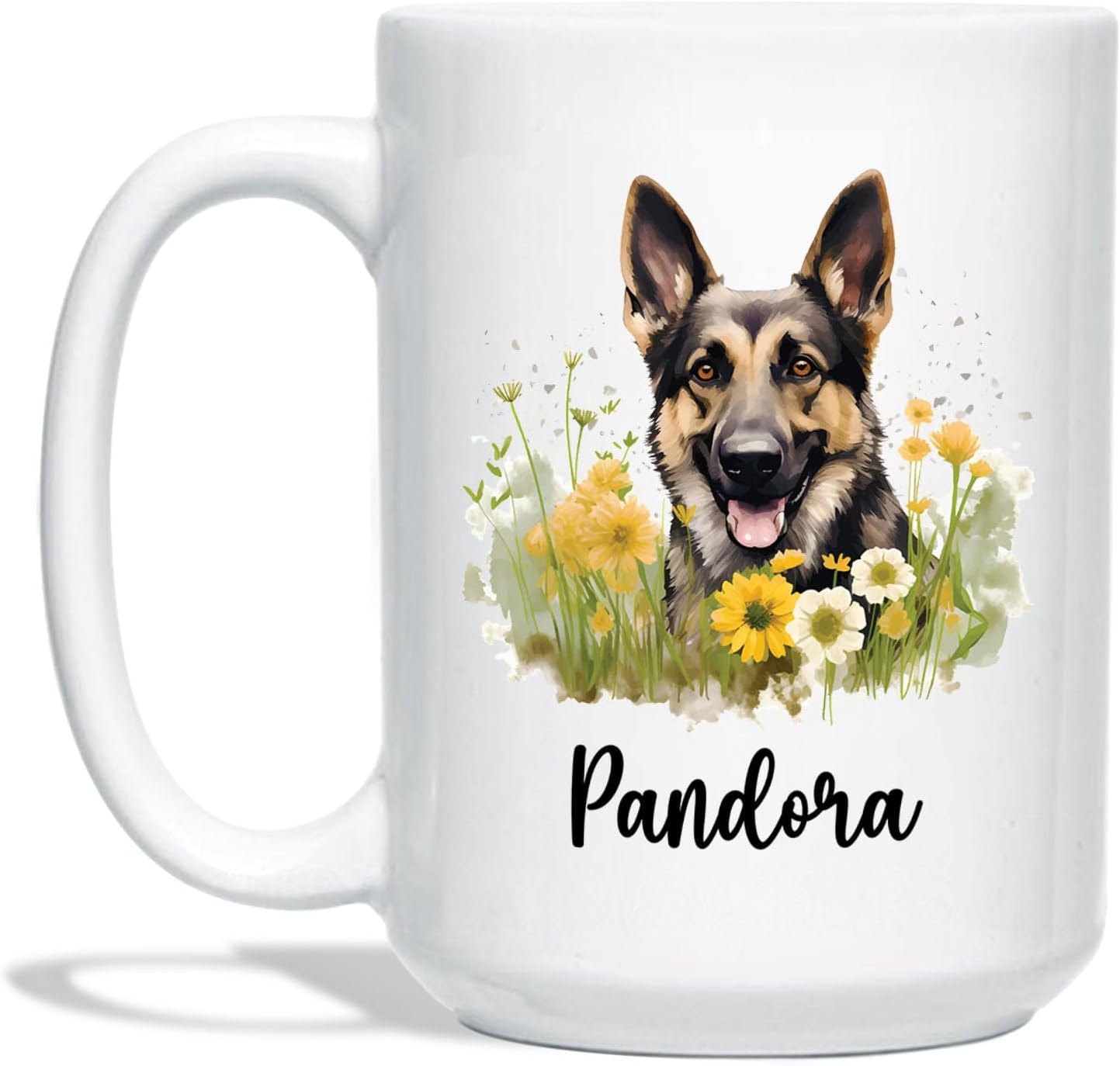 Taza de café de perro de pastor alemán con flores, tazas para mascotas, tazas para amantes de los perros, taza de cerámica personalizada con nombre,