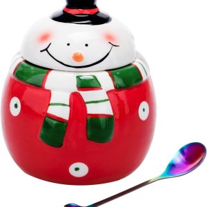Azucarero de cerámica con tapa y cuchara, elegante recipiente para azúcar con bonito diseño de muñeco de nieve navideño, decoraciones navideñas, Azucarero de cerámica con tapa y cuchara, elegante recipiente para azúcar con bonito diseño de muñeco de nieve navideño, decoraciones navideñas,
