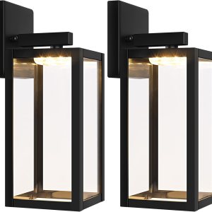 Paquete de 2 lámparas para exteriores montadas en la pared, impermeables, para exteriores, color negro, con vidrio transparente, 2700 K3000 K4000 Paquete de 2 lámparas para exteriores montadas en la pared, impermeables, para exteriores, color negro, con vidrio transparente, 2700 K3000 K4000