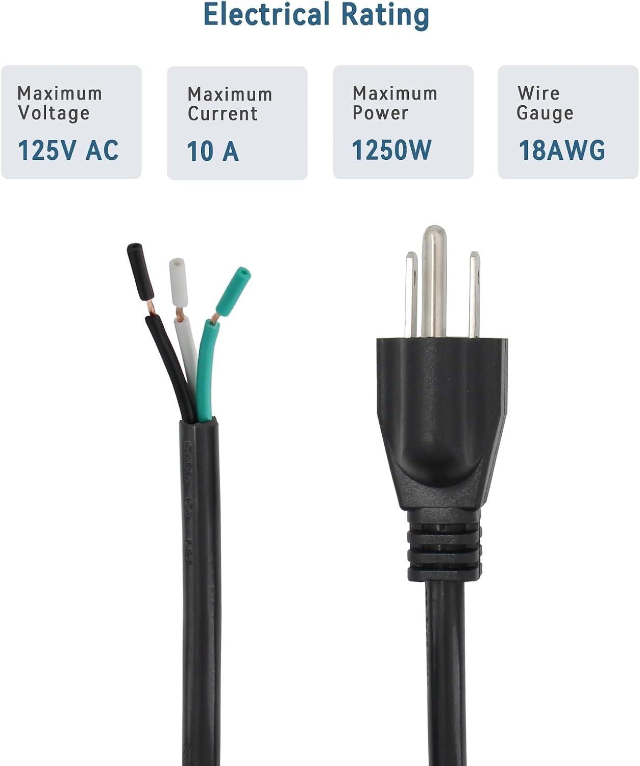 Cable de alimentación de repuesto de 10 pies, cable de 110 V, 115 V, 120 V, 300 V, coleta para electrodomésticos, enchufe NEMA 5-15P US SJT 18AWG