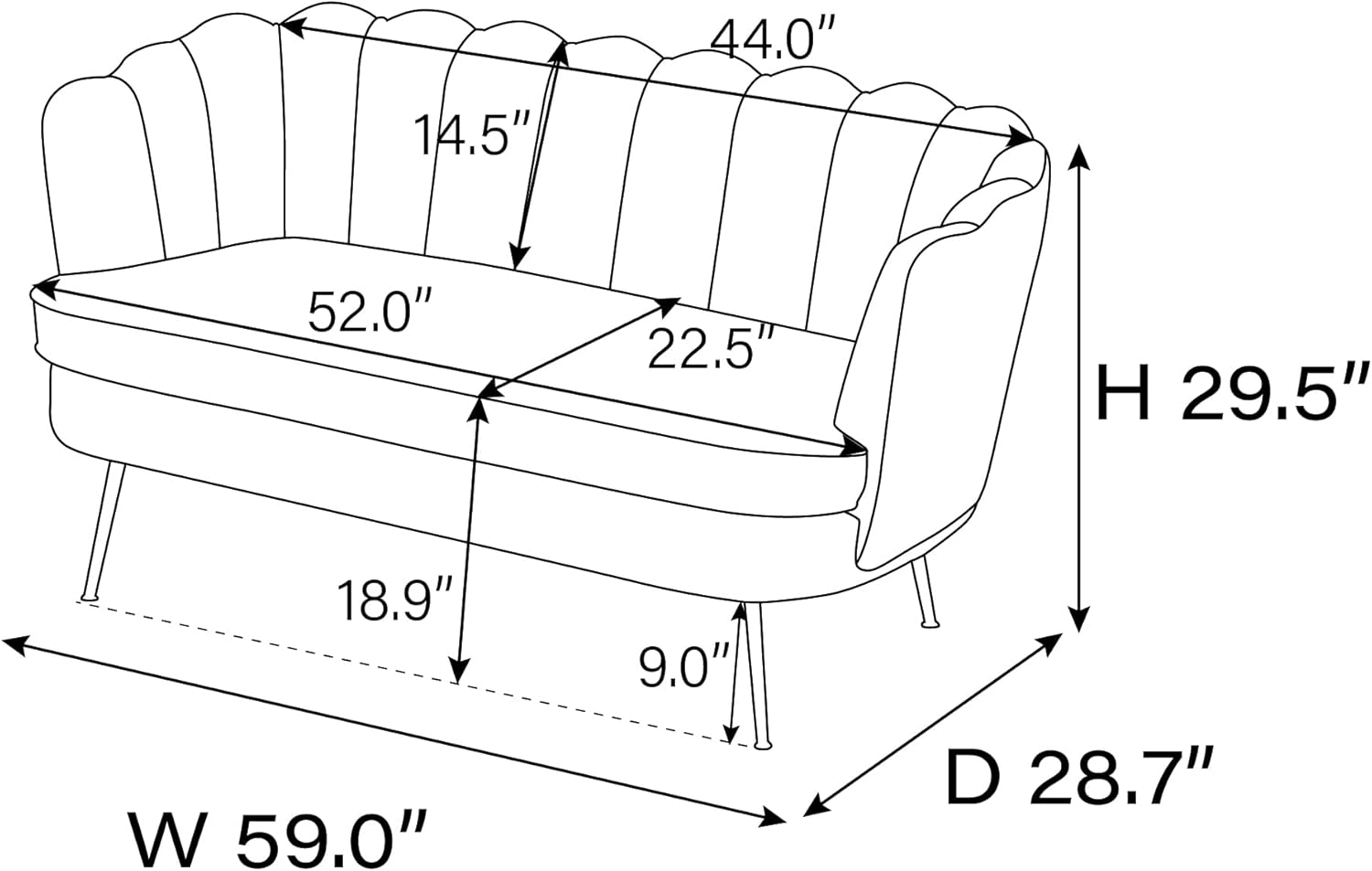 Sofá biplaza moderno de felpilla de 59 pulgadas con respaldo en forma de flor, sofá de club de 2 plazas con patas de metal dorado para espacio