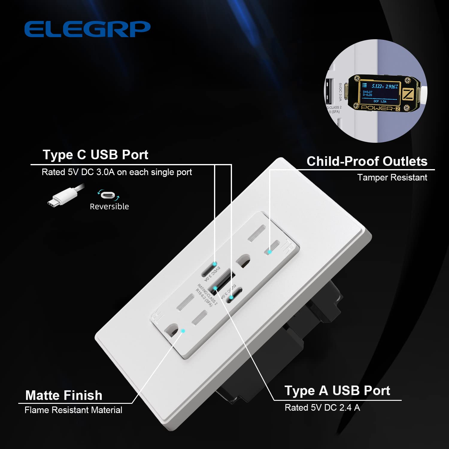 ELEGRP Tomacorrientes USB, 30 W 6.0 Amp USB C, toma de pared USB de 3 puertos, toma de corriente resistente a manipulaciones de 15 amperios con 2