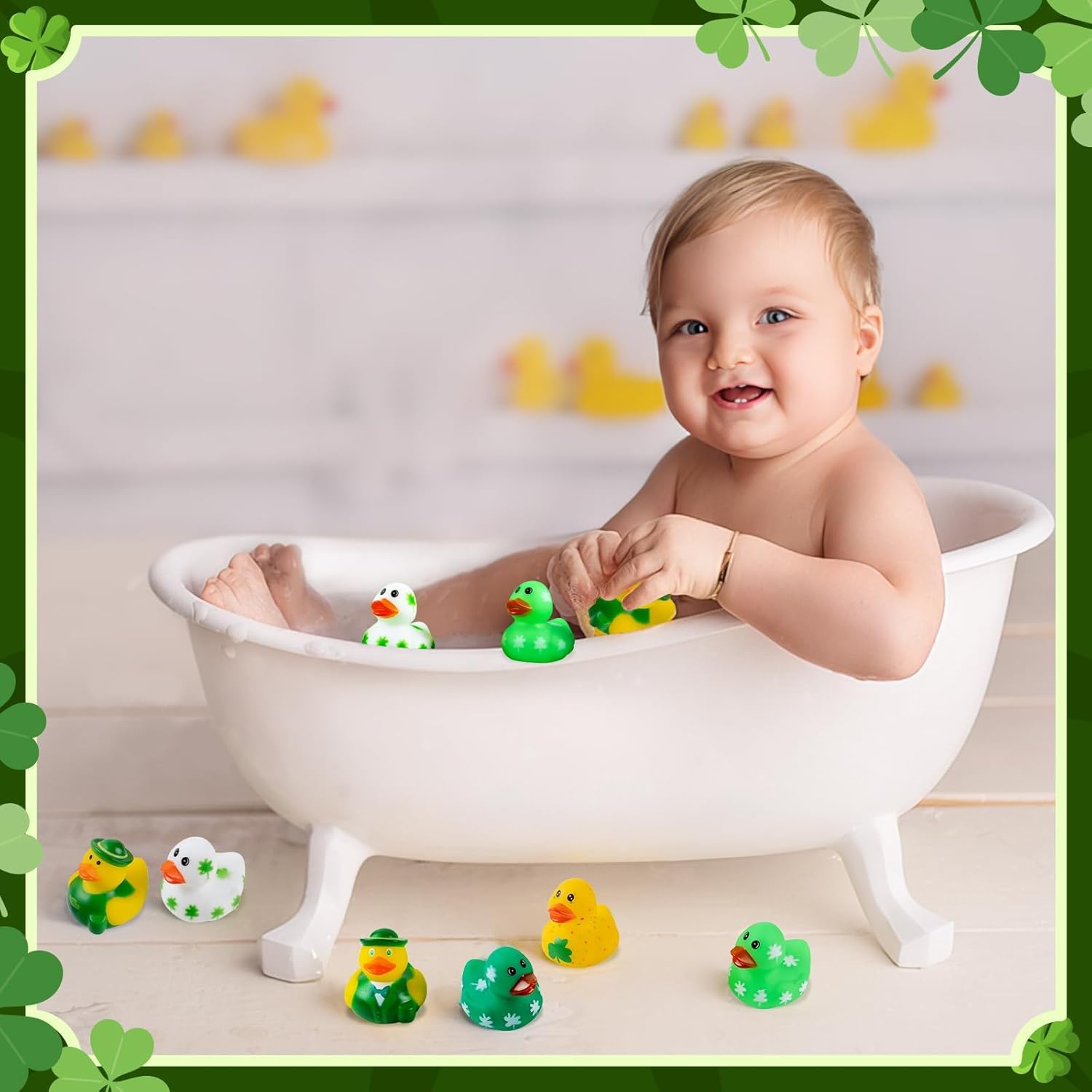 18 patos de goma para el día de San Patricio, 6 estilos, mini patos de goma verdes, trébol irlandés, divertidos juguetes de baño para niños,