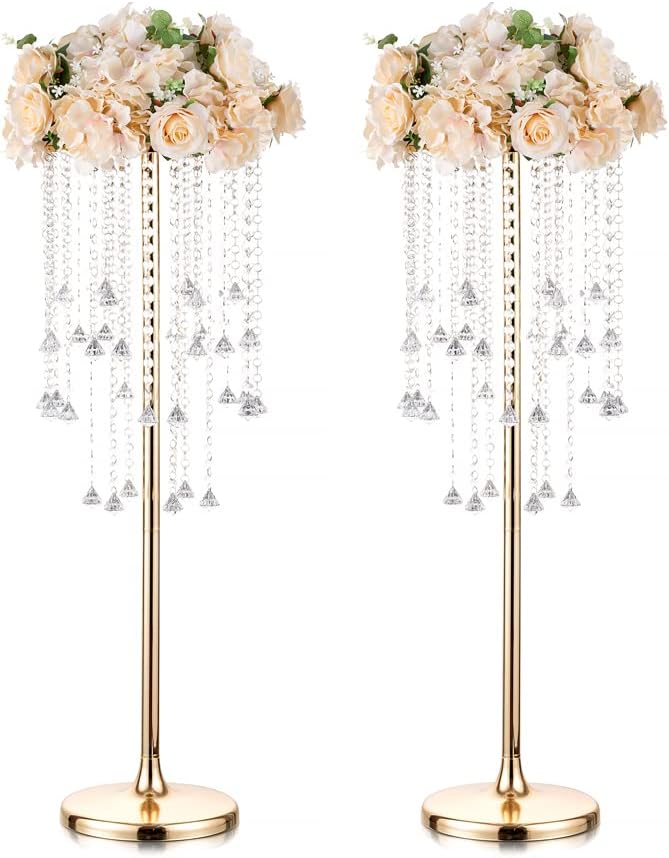 Inweder Jarrón dorado para centros de mesa de boda, 35.5 pulgadas de alto, cadenas de cristal, soporte de flores de metal