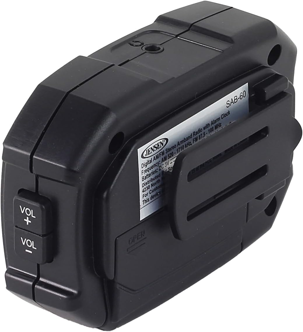 Jensen SAB-60 Brazalete Digital AMFM Radio Estéreo con Reloj y Auriculares, Negro, SAB-60