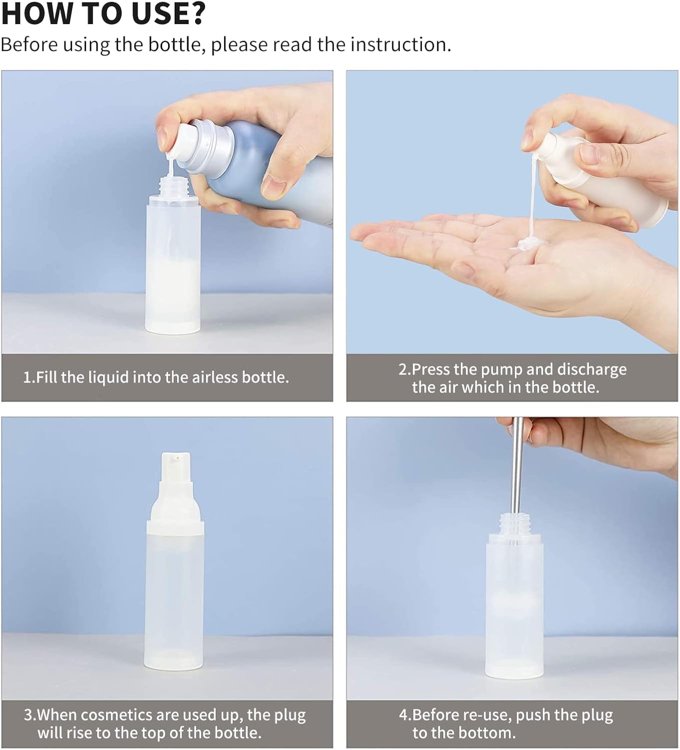 LONGWAY Botella de bomba de crema cosmética sin aire de 1.7 onzas, dispensador de tamaño de viaje, recipientes recargablesfundación botella de bomba