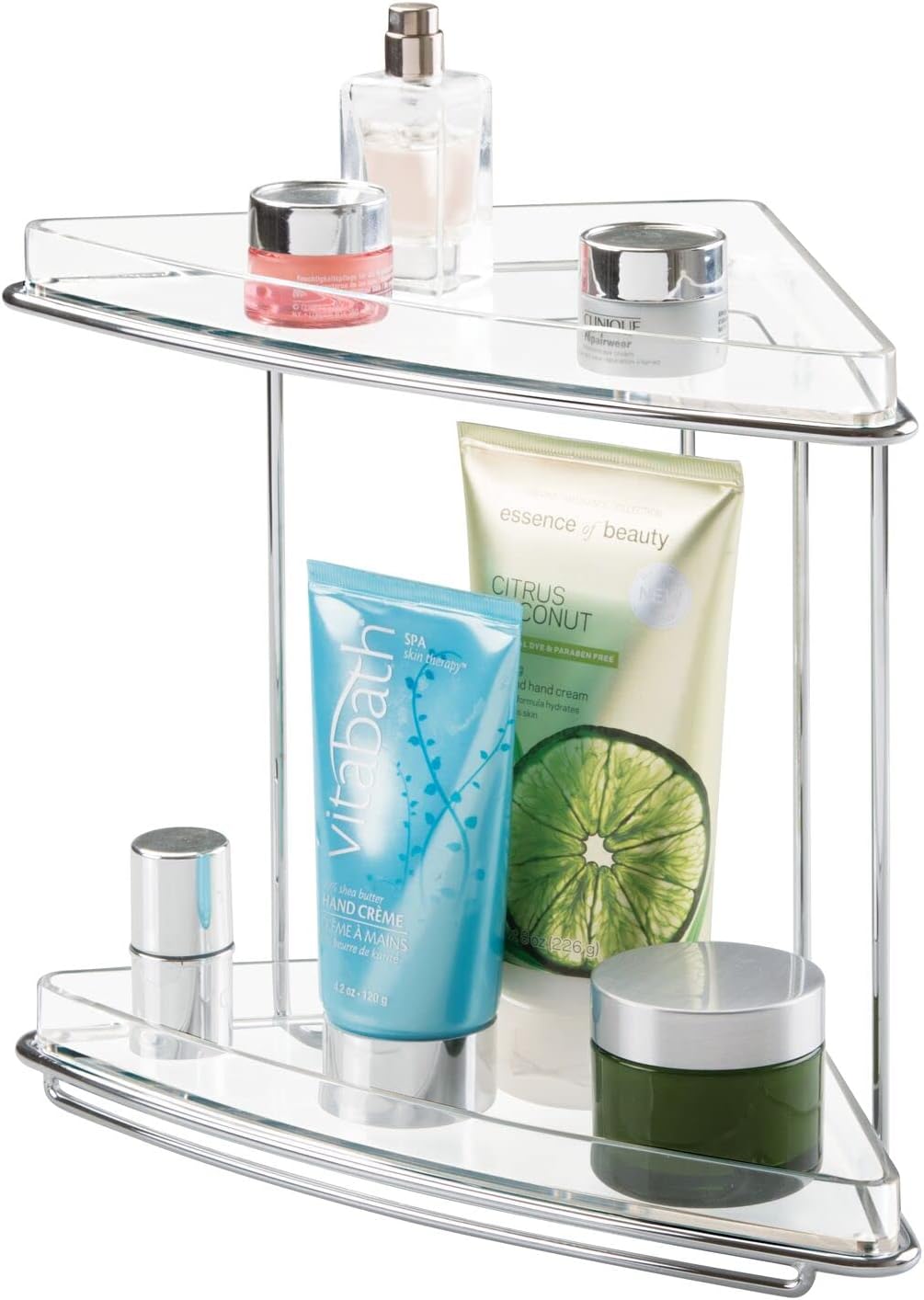 mDesign Organizador de estante de esquina independiente de acero y plástico con almacenamiento de 2 niveles para baño, tocador, gabinete, mostrador,