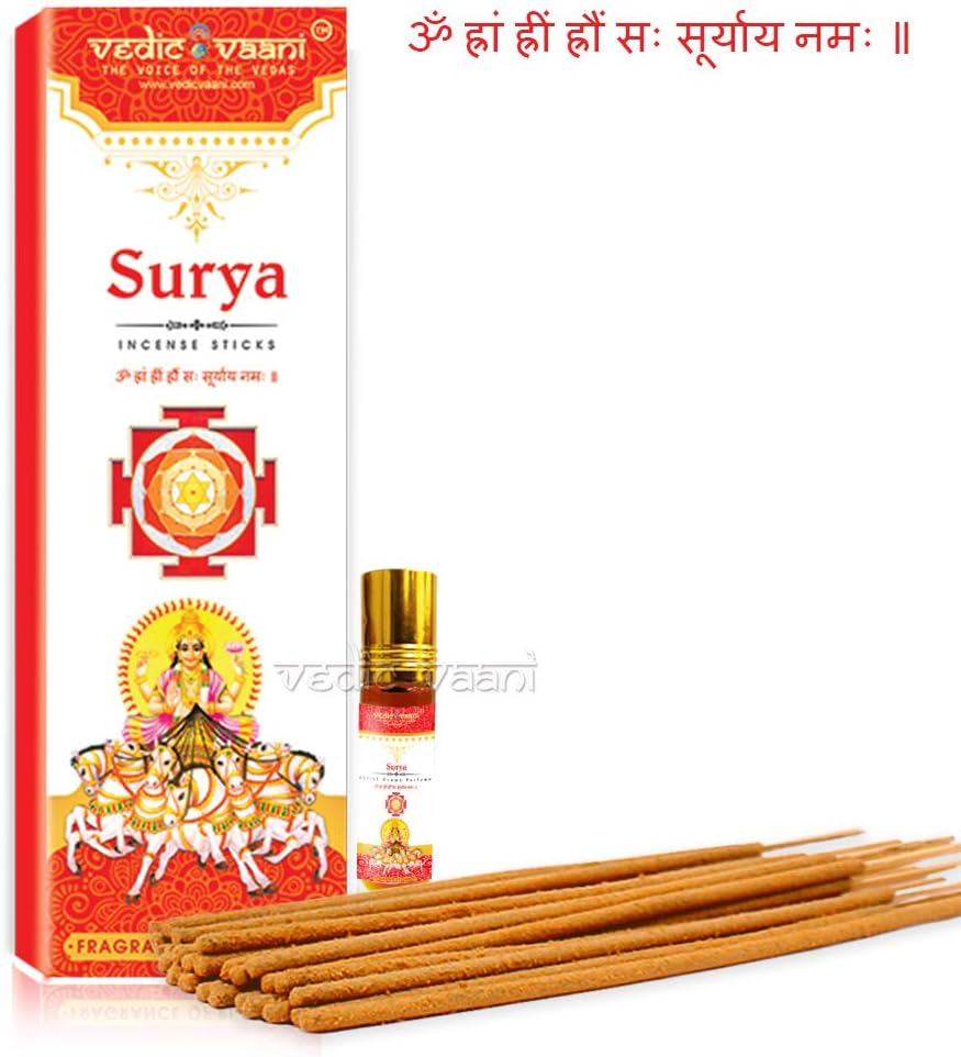 Vedic Vaani Dios Surya (Sol) Ravi Brass IdolSurya Graha (Planeta) Dosha Nivaran Mantra Yantra Jaap Navgraha Puja KitSurya Incienso & Medallón con