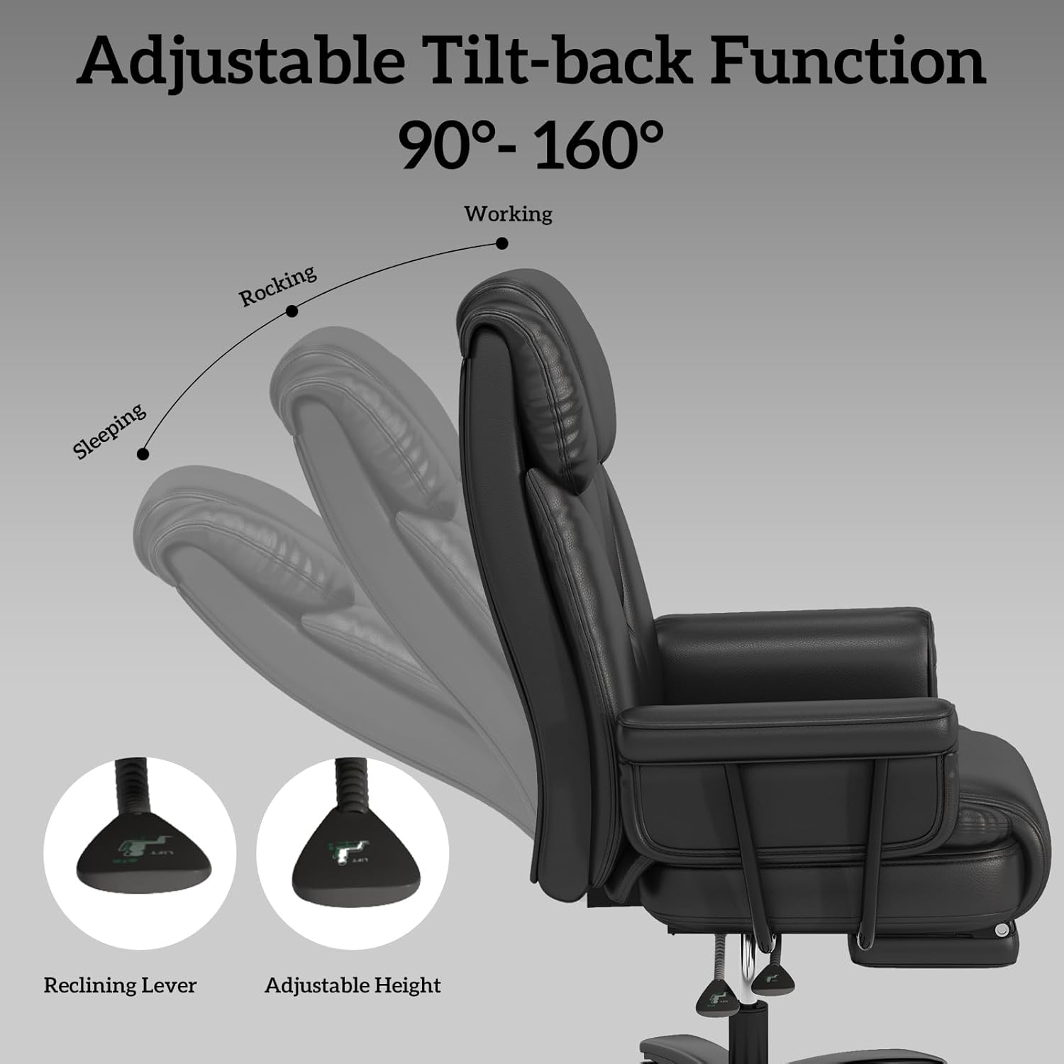 GYI Silla de oficina grande y alta de 400 libras con asiento y brazos anchos, silla de oficina reclinable de 160 con reposapiés, cómoda silla de