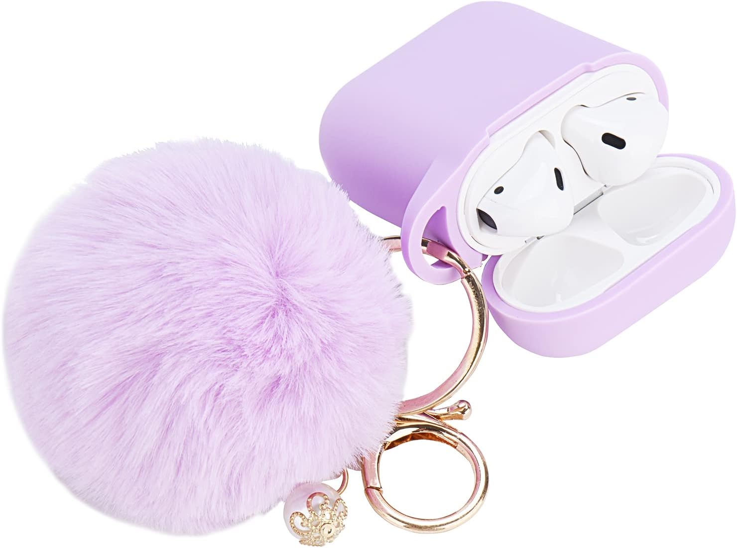 Bonita funda morada para mujer, bonita funda diseñada para AirPods con pompones, funda protectora de silicona compatible con AirPods 12, accesorios