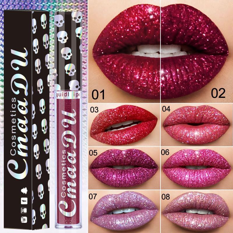AKARY Lápiz labial líquido brillante de larga duración, diseño de calavera de diamante metálico con purpurina brillante, acabado brillante, brillo