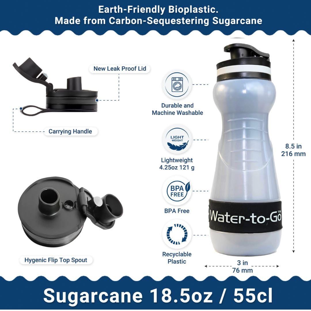 Botella de filtro de agua (18.5 oz55cl) perfecta para senderismo, camping, viajes y supervivencia, bioplástico ecológico, incluye filtro purificador