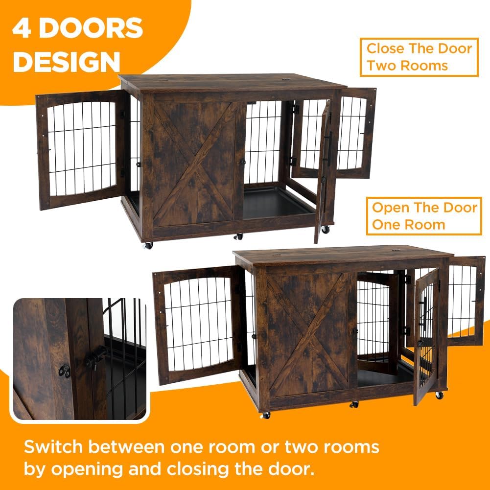Muebles de jaula para perros con bandeja, mesa de madera para perros con 4 puertas, perrera con divisor, jaula para perros, mesa auxiliar auxiliar