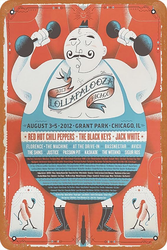 Lollapalooza – 2012 Strong Man Poster Print Chicago Metal Tin Signs Home Bar Man Cave Vintage Decoración de Pared Regalos Divertidos 12 X 8 Pulgadas