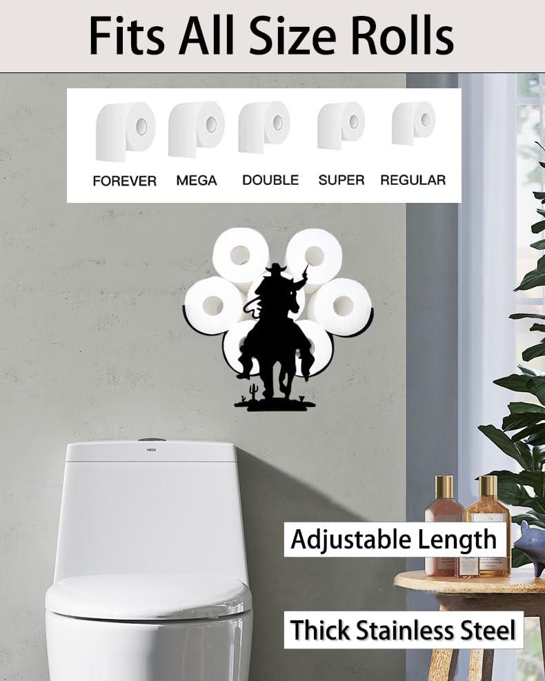 Funny Cowboy with A Gun Paper Roll Holder Montado en la pared, soportes decorativos de papel de metal negro, almacenamiento de papel higiénico para
