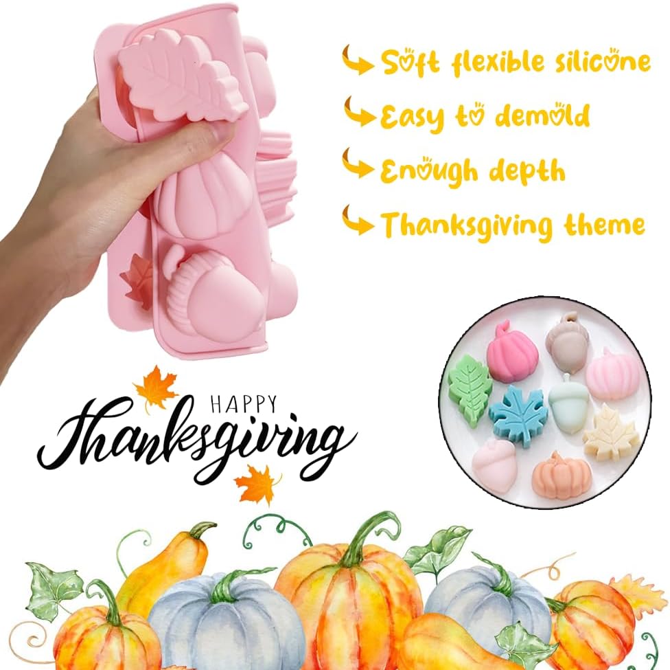 2 moldes de chocolate de otoño, molde de silicona 3D para Halloween, Acción de Gracias, calabaza, hoja de arce, bellota, fondant para caramelos,