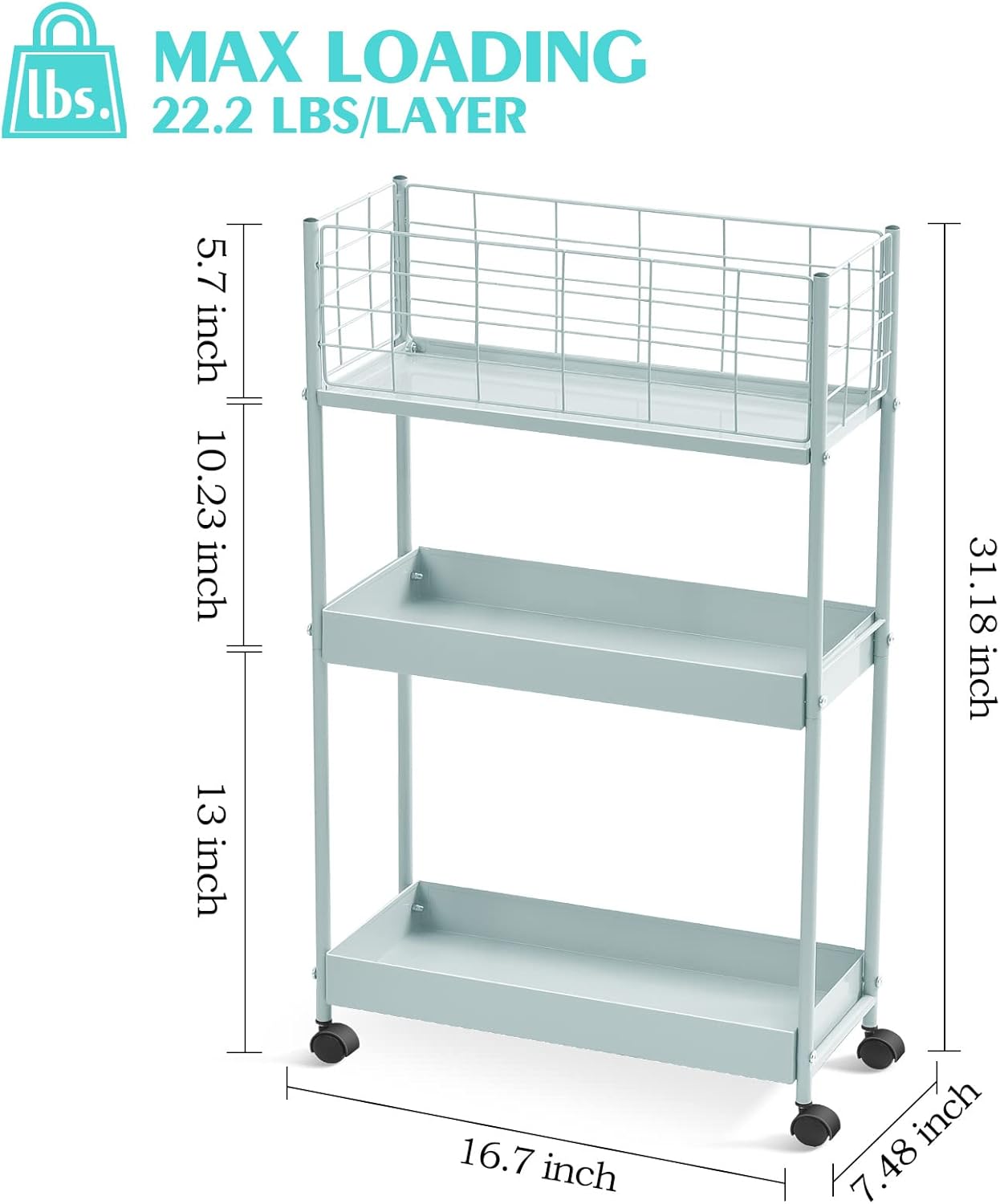 KINGRACK Carrito de almacenamiento delgado, carrito de metal de 3 niveles con ruedas, carrito de almacenamiento deslizante, carrito de