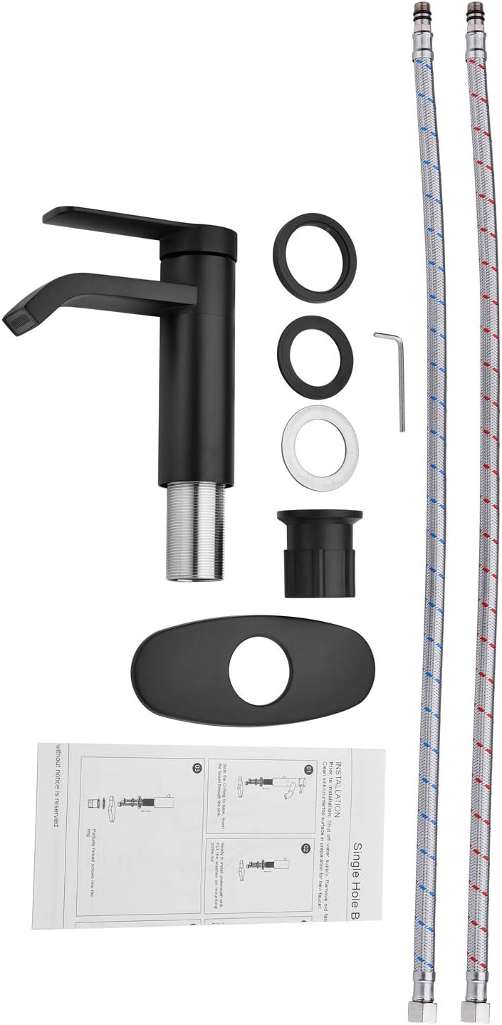 Grifo de baño negro mate de un solo orificio con placa de cubierta, grifo de baño en cascada de una sola manija, moderno grifo de lavabo de baño con
