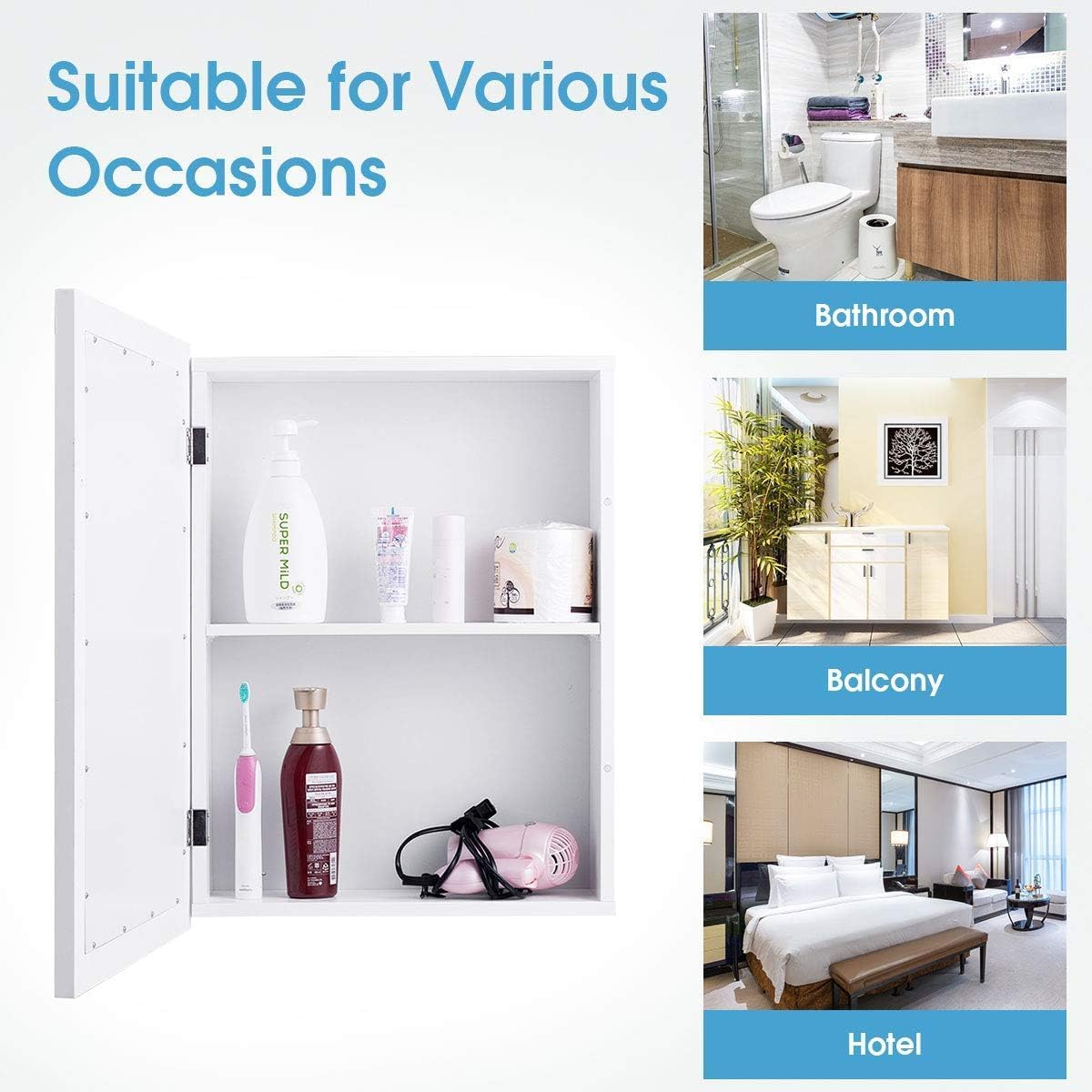 GOFLAME Botiquín de baño, armario de almacenamiento con espejo de montaje en pared con una sola puerta y estante ajustable, organizador de madera