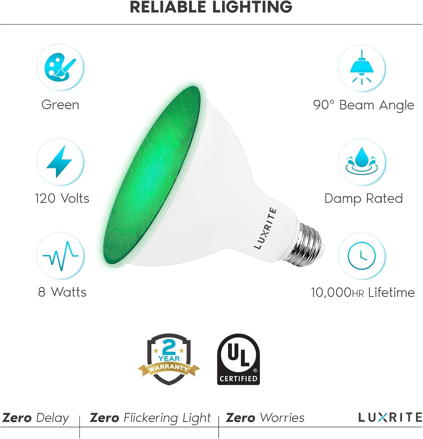 LUXRITE Bombilla LED PAR38 verde de inundación, 8 W (equivalente a 45 W), bombilla LED verde de inundación, clasificación húmeda, certificación UL,