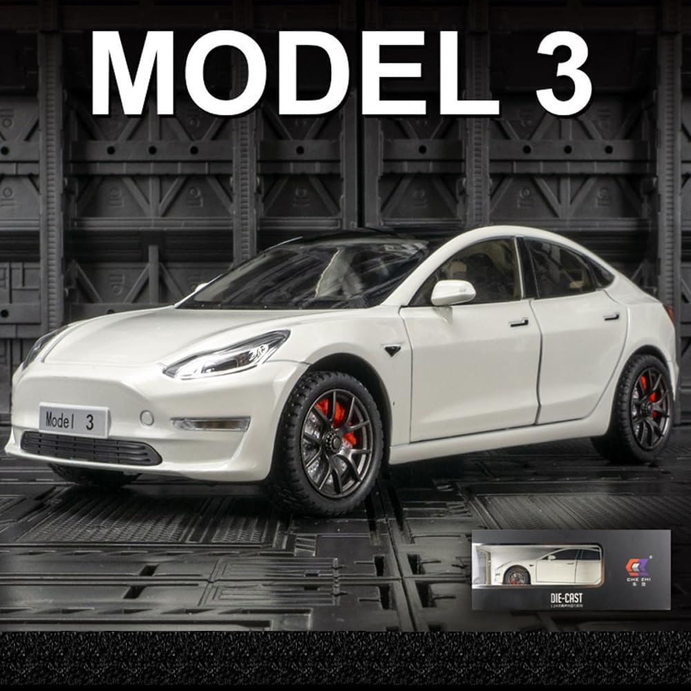 Coches de juguete a escala 124 compatibles con el modelo 3, autos de metal fundido a presión con luzsonido, juguetes de auto para niños y niñas de 3