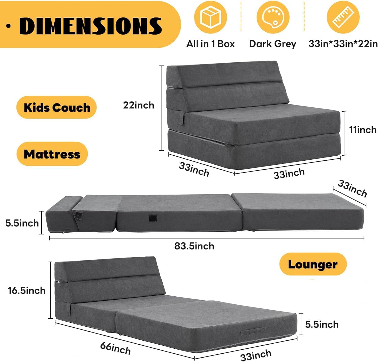 jela Colchón plegable para sofá cama, tela de lujo, sofá cama, colchón de piso, sofá plegable para habitación de invitados, sala de estar (83 x 33