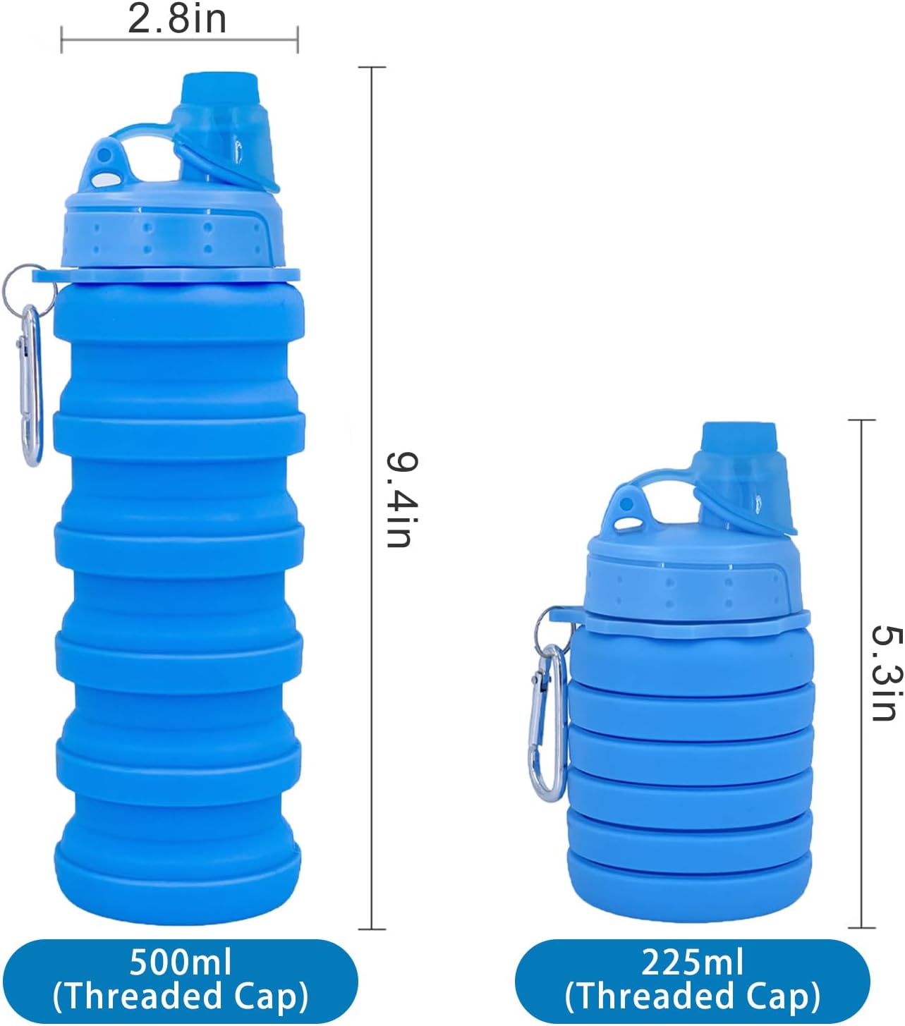 Botellas de agua plegables, paquete de dos botellas de agua portátiles para deportes de viaje, vienen con hebilla de montañismo de 16.9 fl oz,