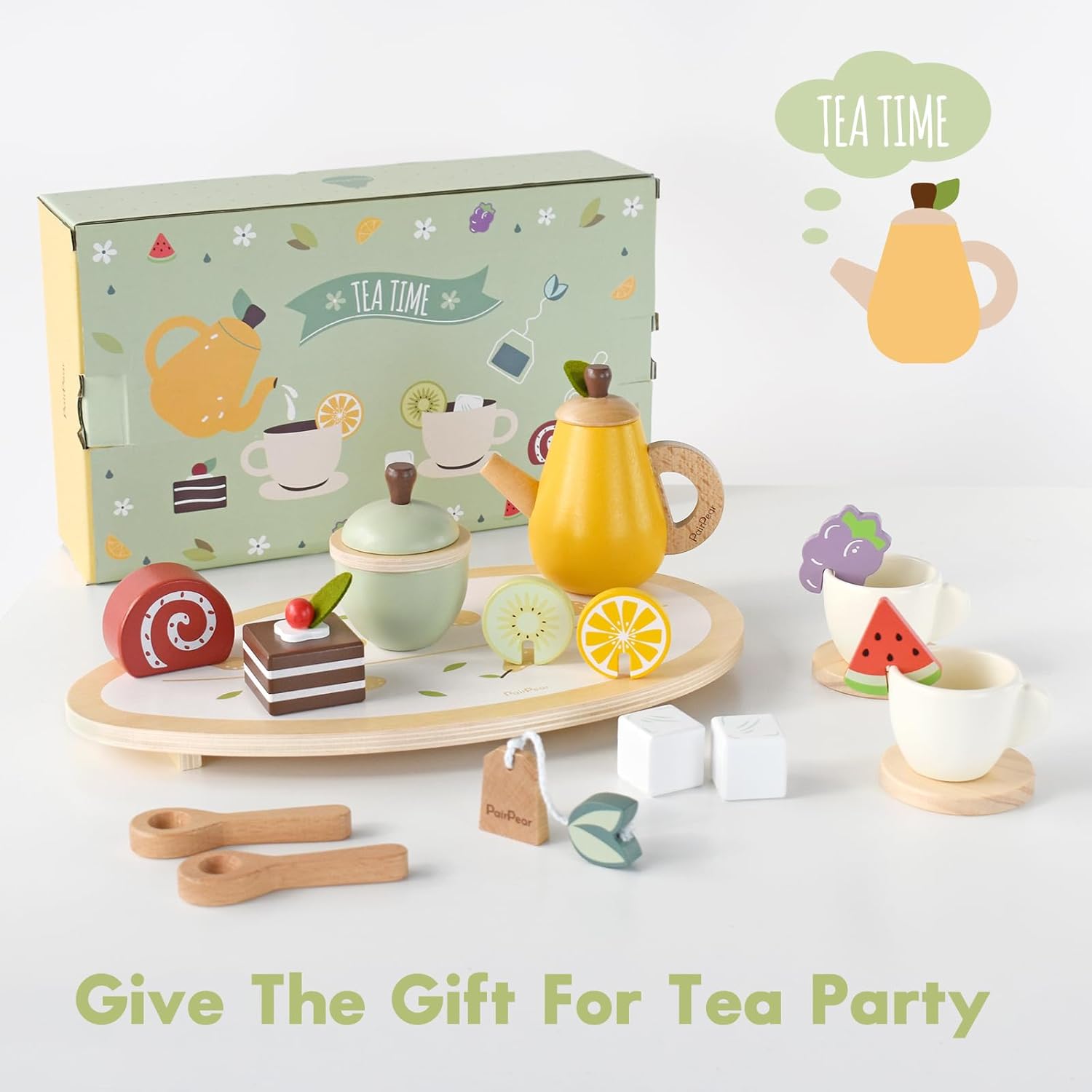 PairPear Juego de juguetes de madera para fiestas de té, juego de té para niñas pequeñas, accesorios de cocina para niños, juguetes de comida de