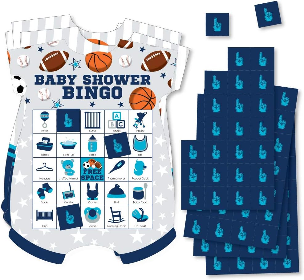 Big Dot of Happiness Go, Fight, Win – Deportes – Tarjetas de bingo y marcadores – Juego de bingo en forma de baby shower – Juego de 18
