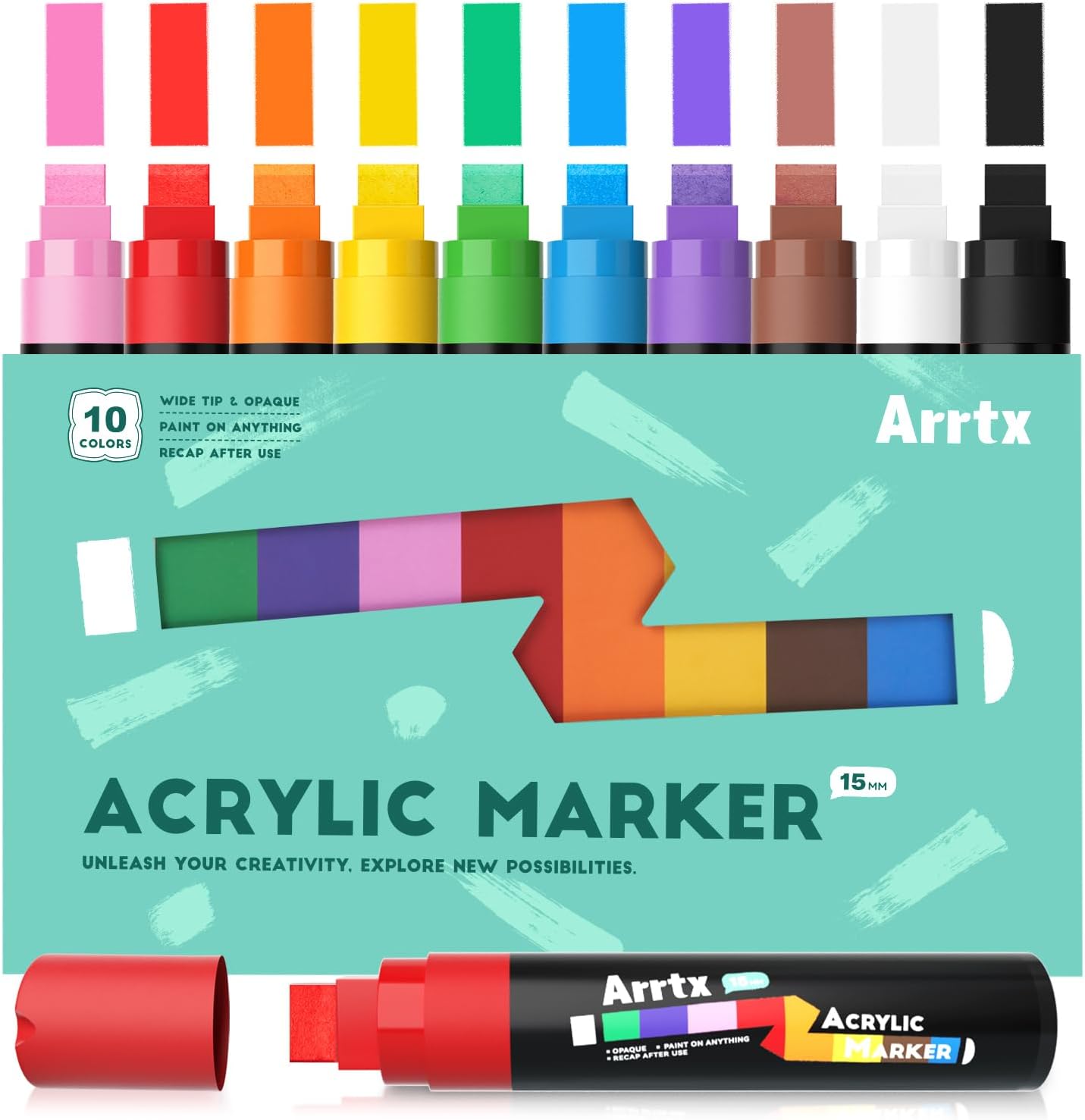 Arrtx Marcadores acrílicos jumbo de 0.591 in, punta de fieltro gigante, 10 bolígrafos de pintura acrílica para pintura de rocas, piedra, vidrio,